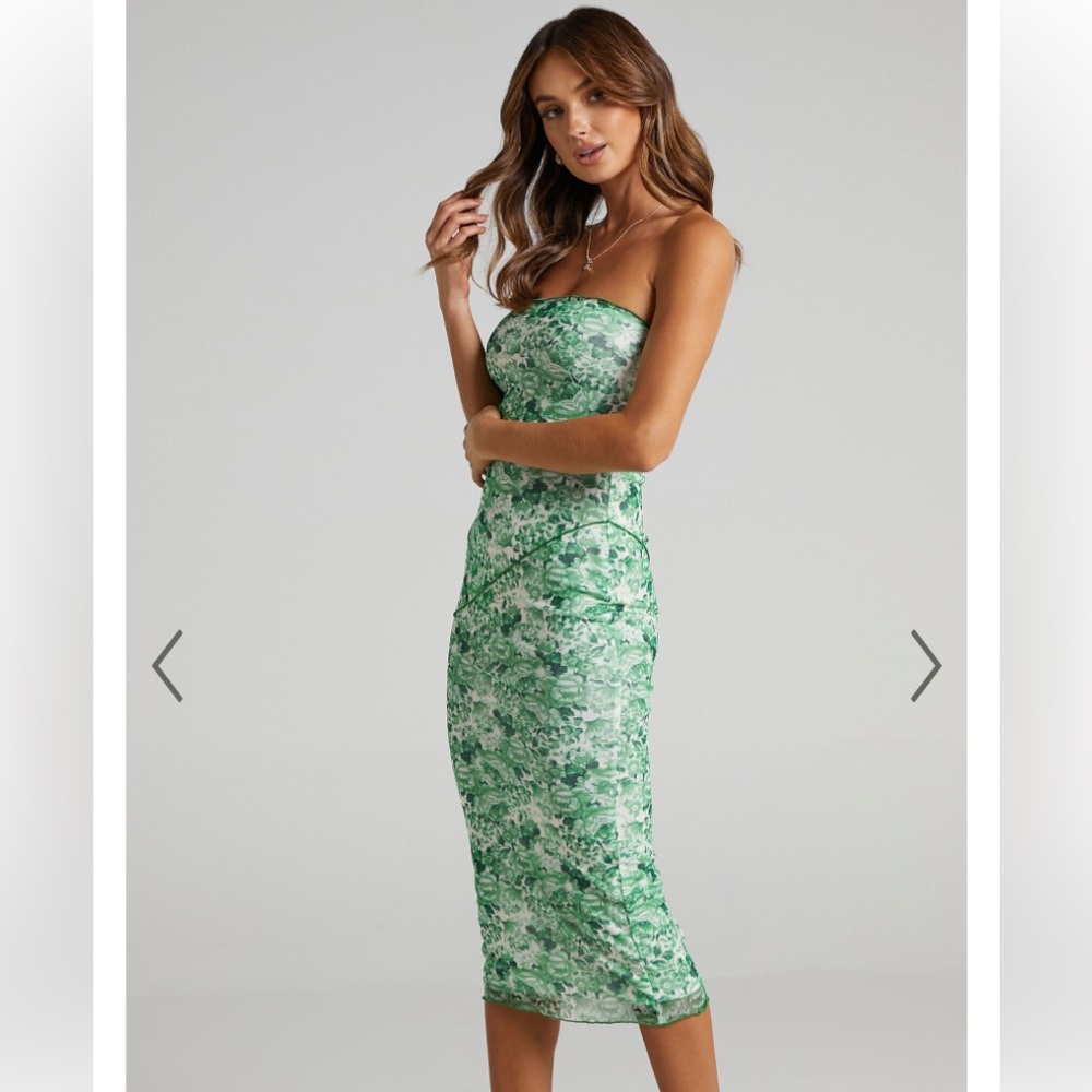 Showpo brunetta midi dress - strapless mesh dress in green florals